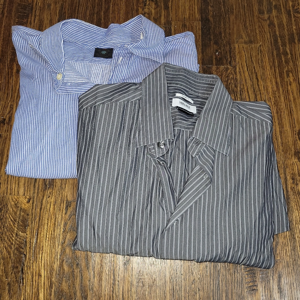 Versace Emporio Armani Blue and Gray Striped Men's Shirts Size 41 / 16
